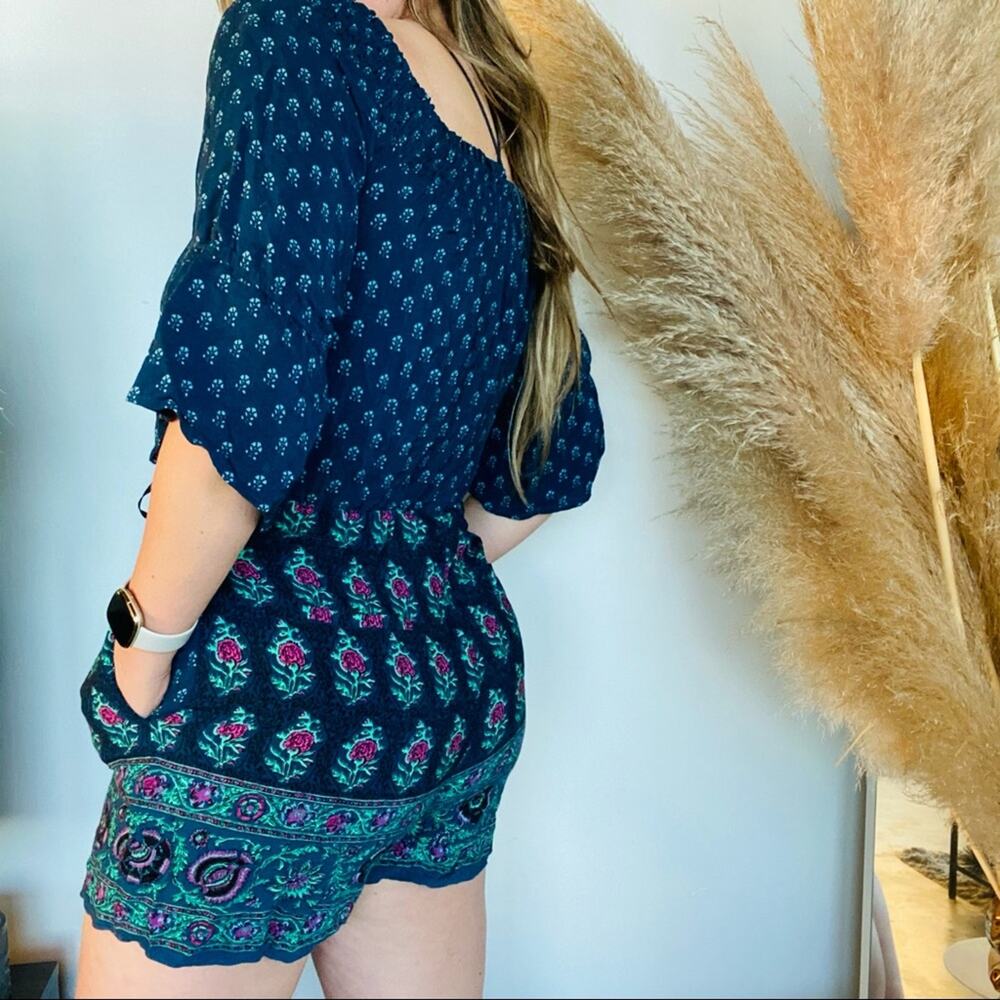 Ett Twa Anthropologie Navy Blue Purple Floral Printed Shorts Kaleo Romper S Boho View 2